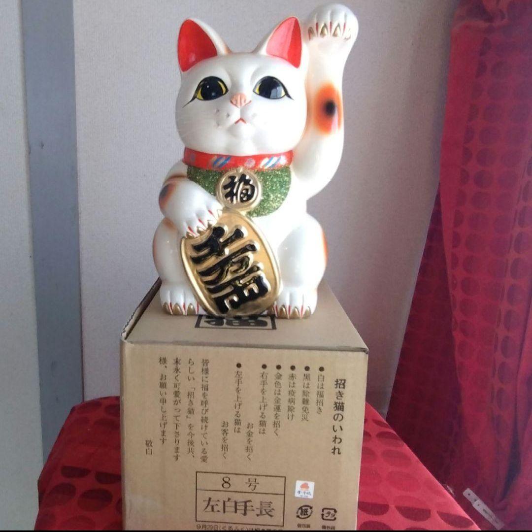 限定値引✨人呼び千客万来招き猫☆白猫左手上げ8号手長・特別製作現品限り