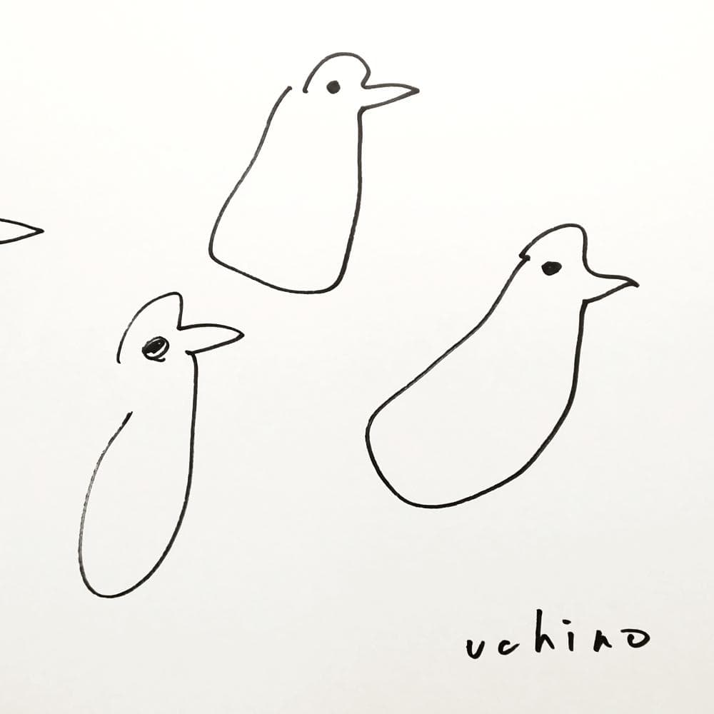 内野隆文　とりのマーチ　鳥　絵画　ドローイング　ペン画　現代アート　額縁　真作
