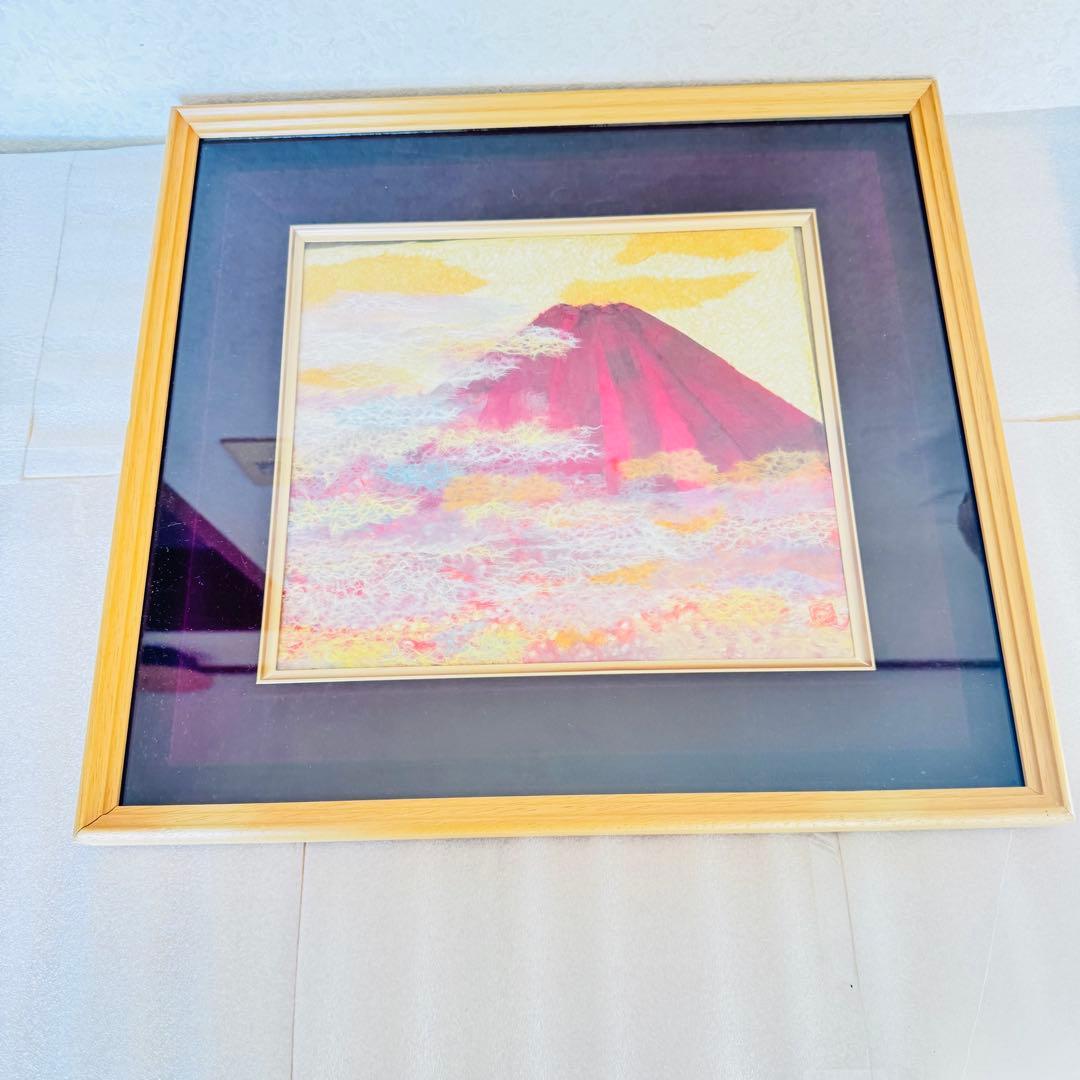 【極美品】縁起物 赤富士 ちぎり絵 額装 運気上昇 金運 富士山 アート　L