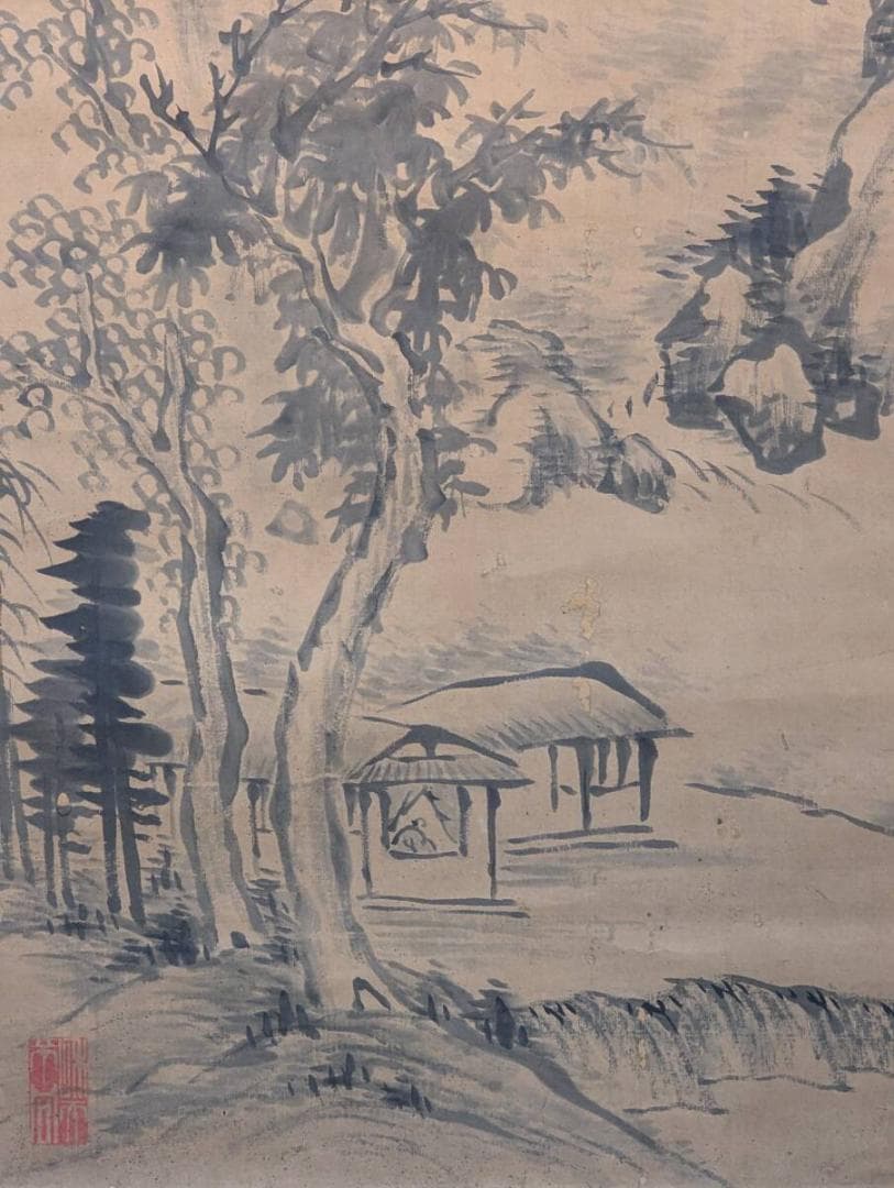 【真作】掛軸　幽谷山水図　墨画淡彩　詩情あふれる山居の景　V60