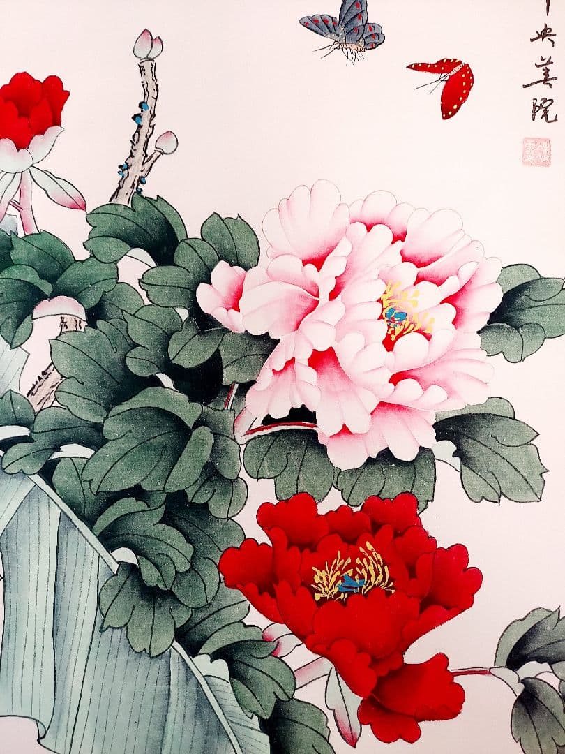 絹本　肉筆　花開富貴　掛軸　工筆画　no.5-9