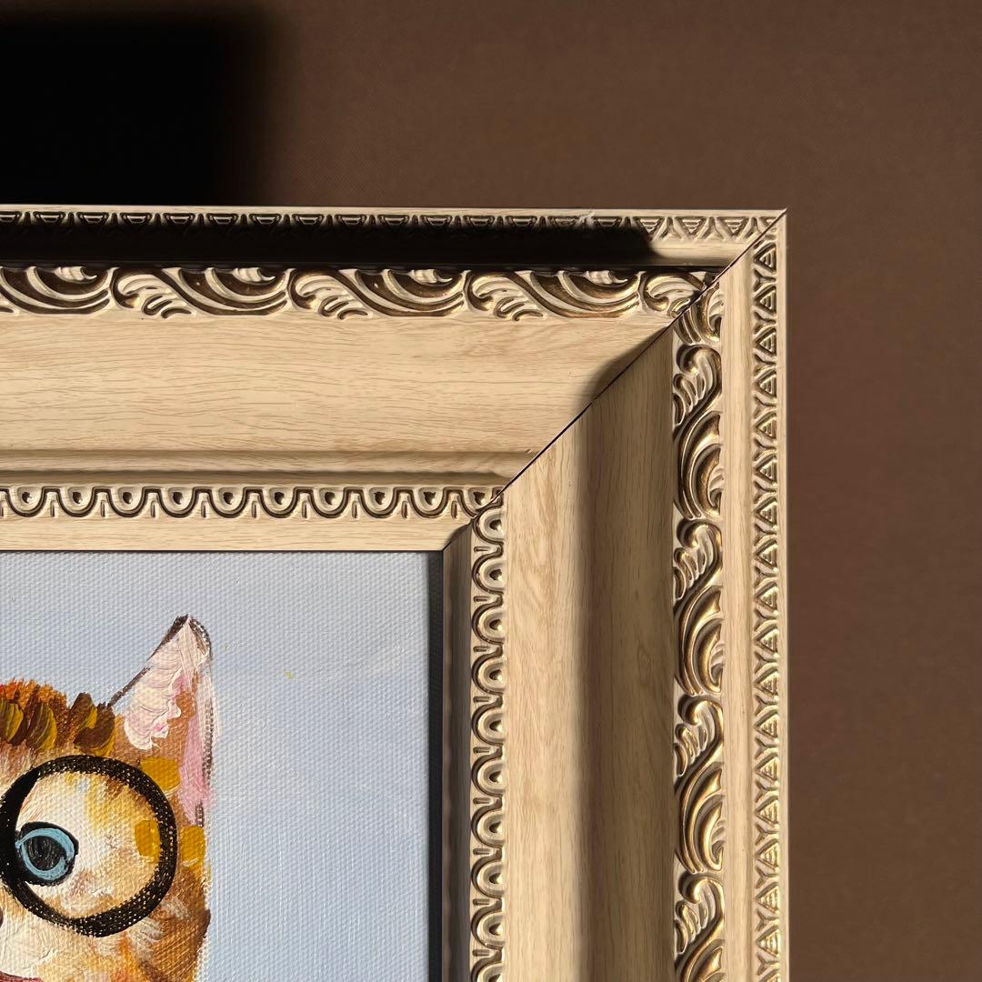 手書き油絵 カップのねこ 額付 絵画 インテリア 油彩画