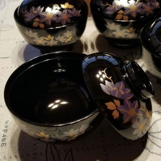 会津塗り　御椀揃　御殿吸椀　辰三作　黒　鉄仙花　10客