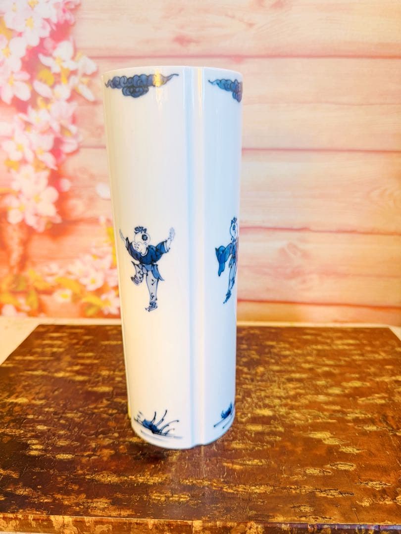 希少! 幻の日陶 製染付中国唐子文様筒形花瓶【 日陶 】在銘有り ★ 昭和前期