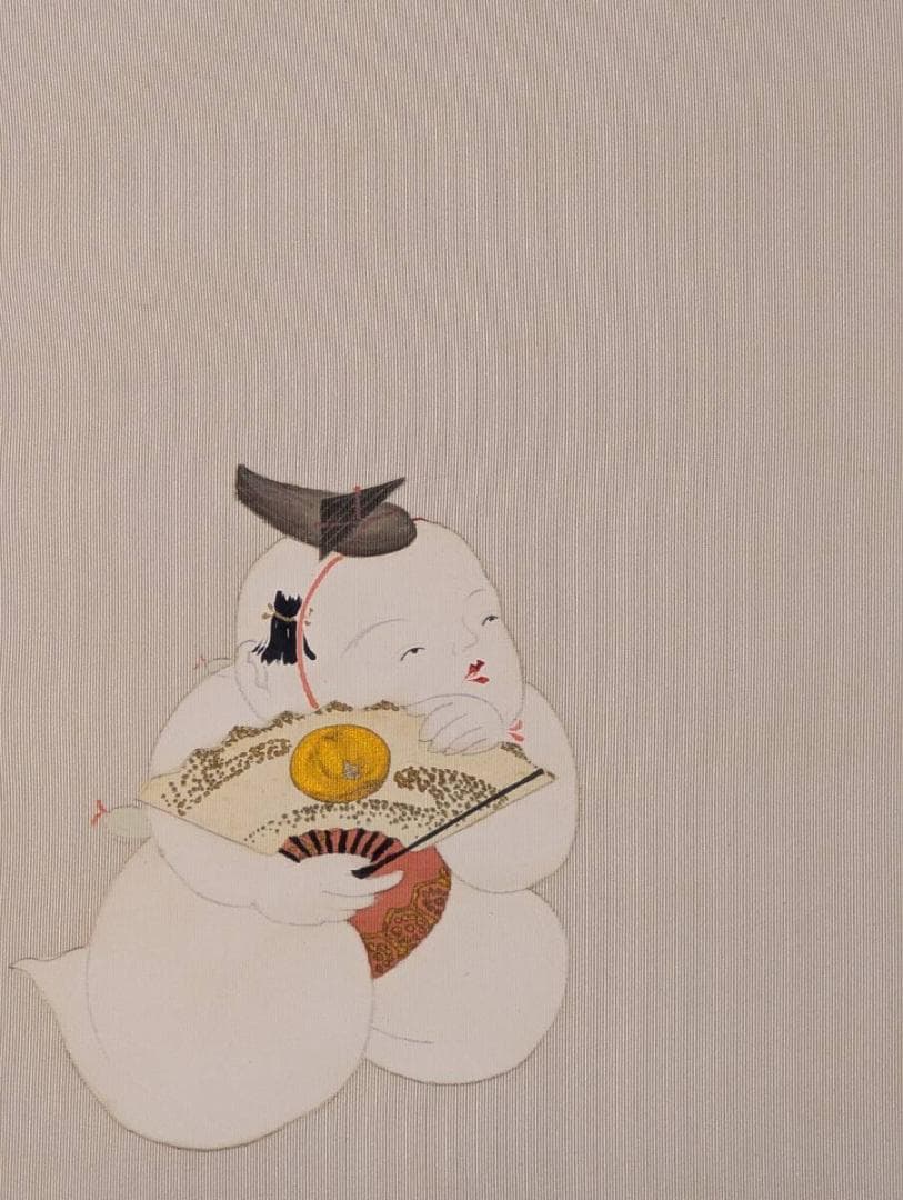 【真作】絵画　日本画　舞う童子図　可憐な童の舞扇と鼓　福を招く童子二人　X198