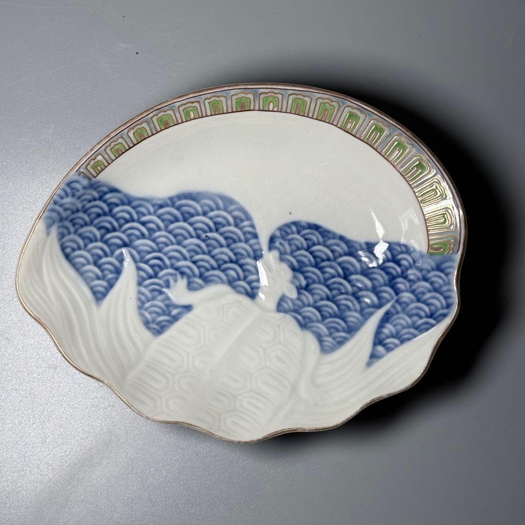 古伊万里　色絵陽刻玄武青海波文変形皿　五枚　江戸期　状態◎　料理屋　古器を楽しむ