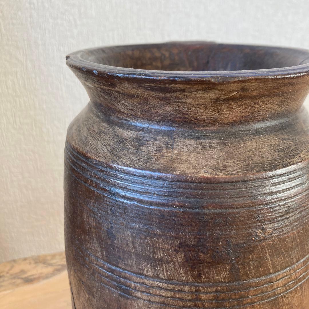 インド　木製のポットC　木工品　古道具坂田　古物　骨董　フラワーベース　花瓶