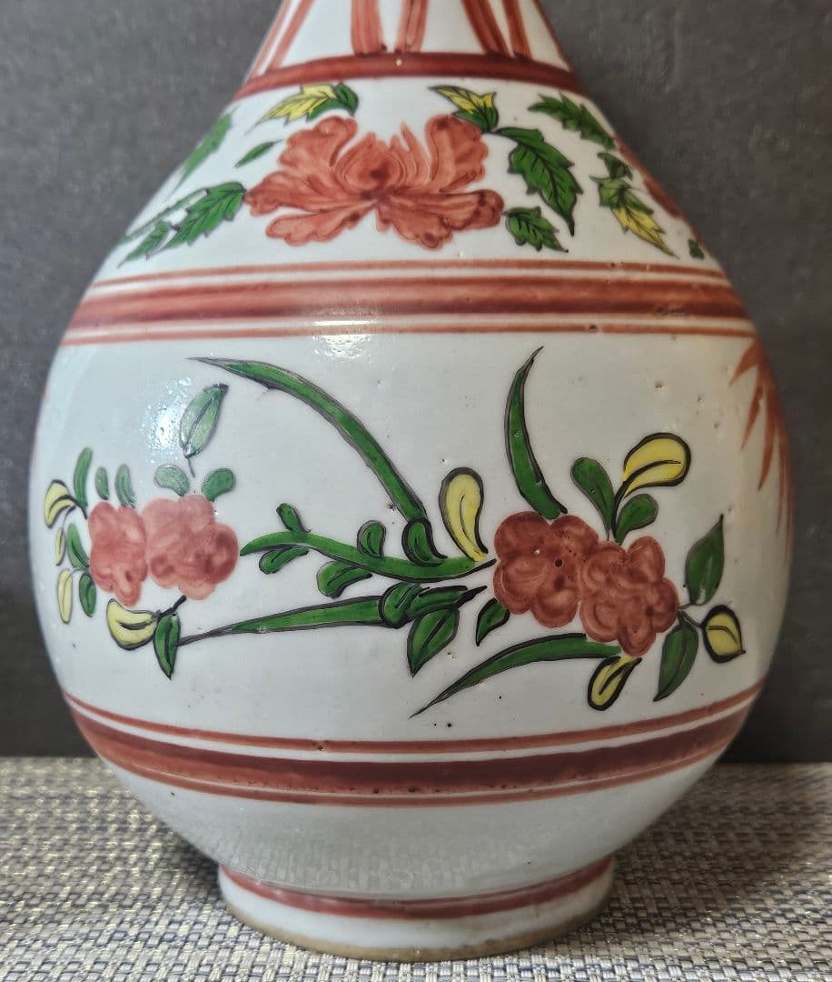 【時代古作品❗】中国古陶磁器　清代～民国期　清朝民窯　色絵　草花の図　大瓶　花入
