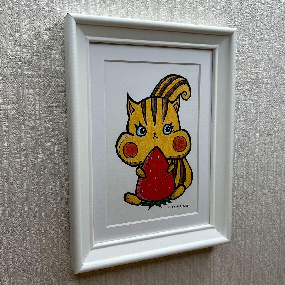 動物 原画 絵 手描き 癒し リス アート 一点物 額縁付き『赤い宝石』