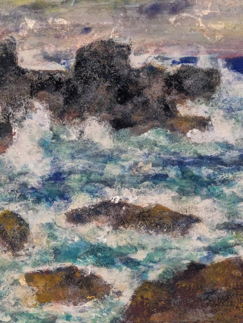 【真作】絵画　常盤大空　日本画4号　怒涛　荒ぶる海と岩の詩　Z186