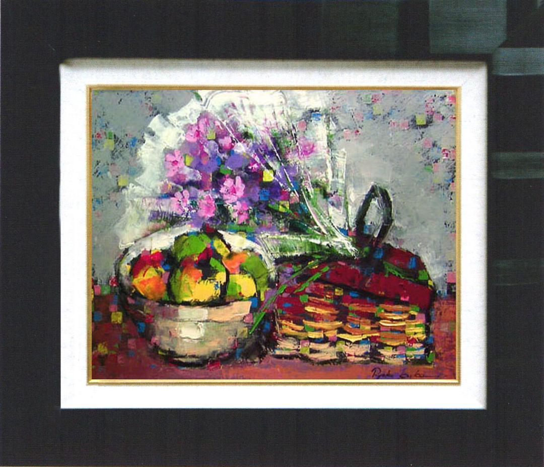 油絵 絵 絵画インテリア 額付(白) uF6-062104 静物 花束 フルーツ