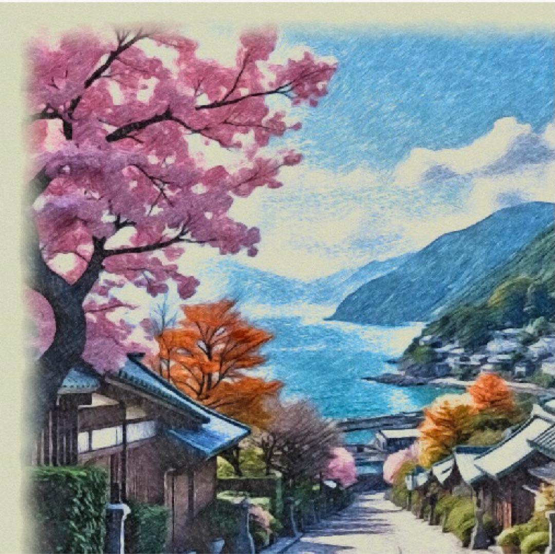 ジブリアート③崖の上のポニョより「坂の上の湊町」額装品32.7㎝×24.0㎝