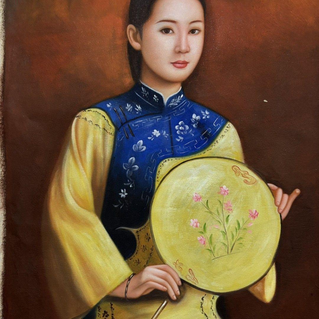 手描き 水彩油画 人物画 女性肖像 絵画 原画 約70×100cm