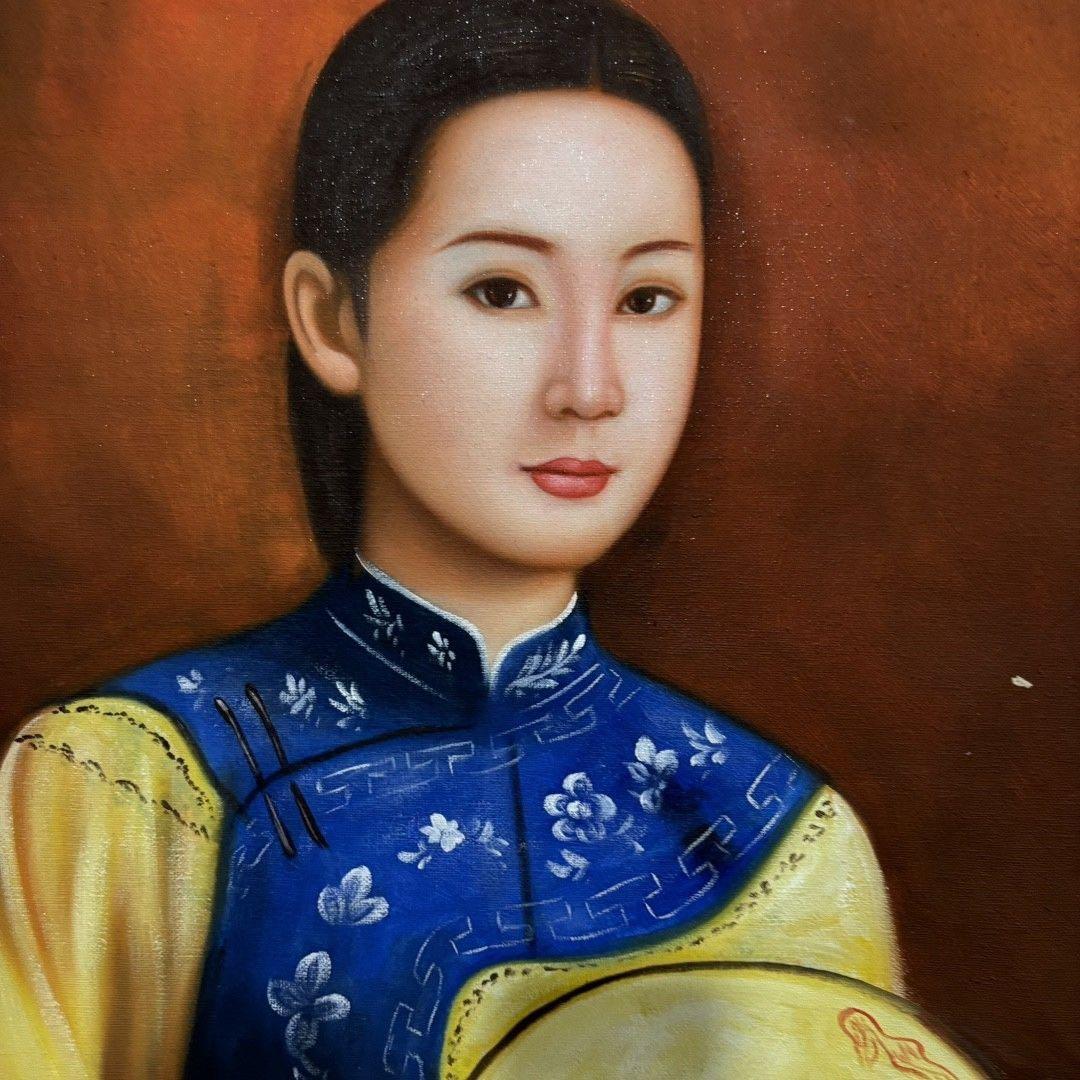 手描き 水彩油画 人物画 女性肖像 絵画 原画 約70×100cm