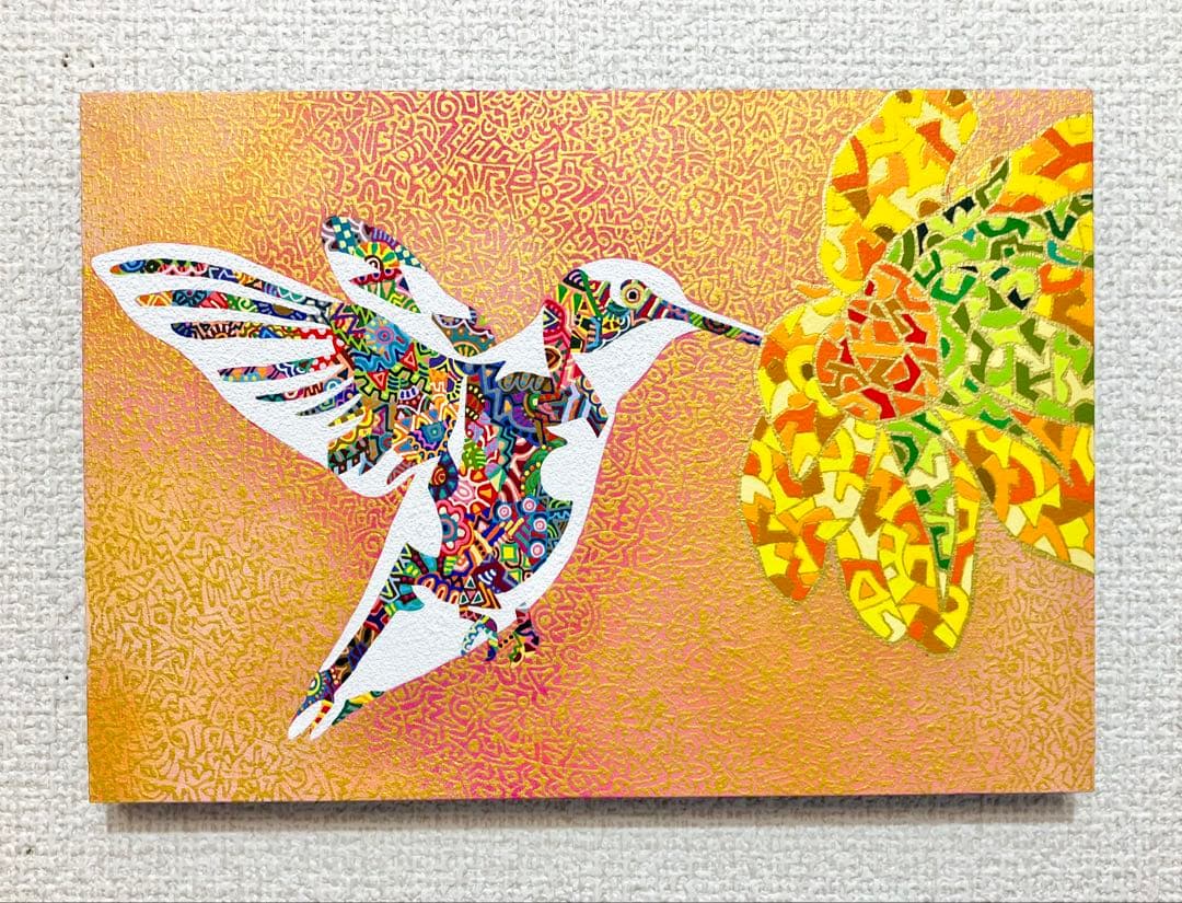原画　ハチドリ　動物画　絵画　アクリル画　現代アート　細密画　手描き　一点物