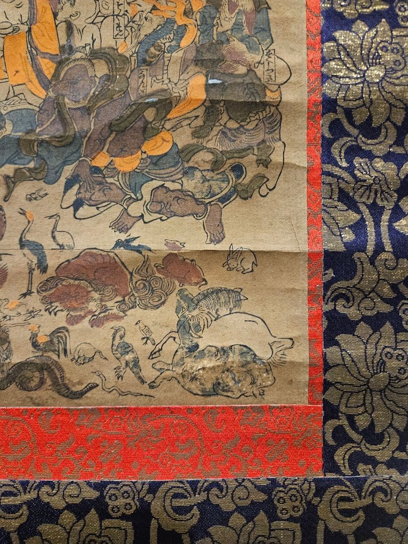 釈迦仏画 涅槃図 肉筆 彩色 堆朱軸先 掛軸 付箱