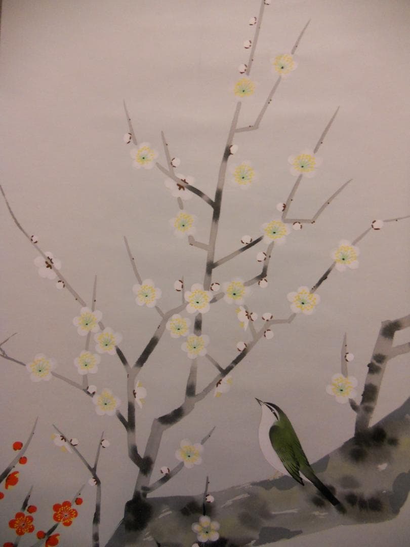 掛け軸 宗一 紅白梅に鶯 絹本 希少 軸装 茶道具 掛軸 美品 です。