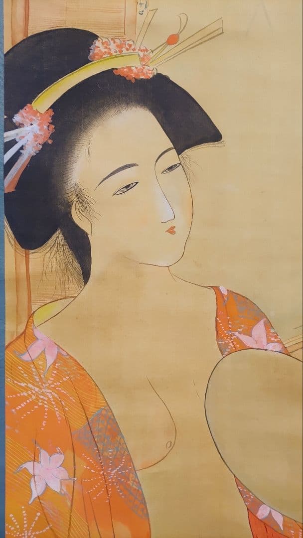 ご希望額まで値下げ～@裸の着物女性 風呂・涼み 肉筆掛軸2本 春画性風俗画