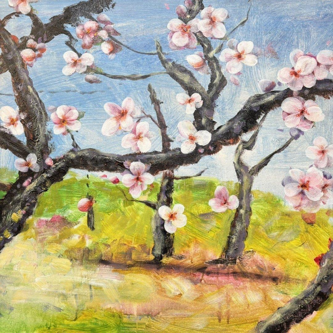 手描き 水彩油画 花木図 周春芽 作品図 中国絵画 約70×100cm 未表装