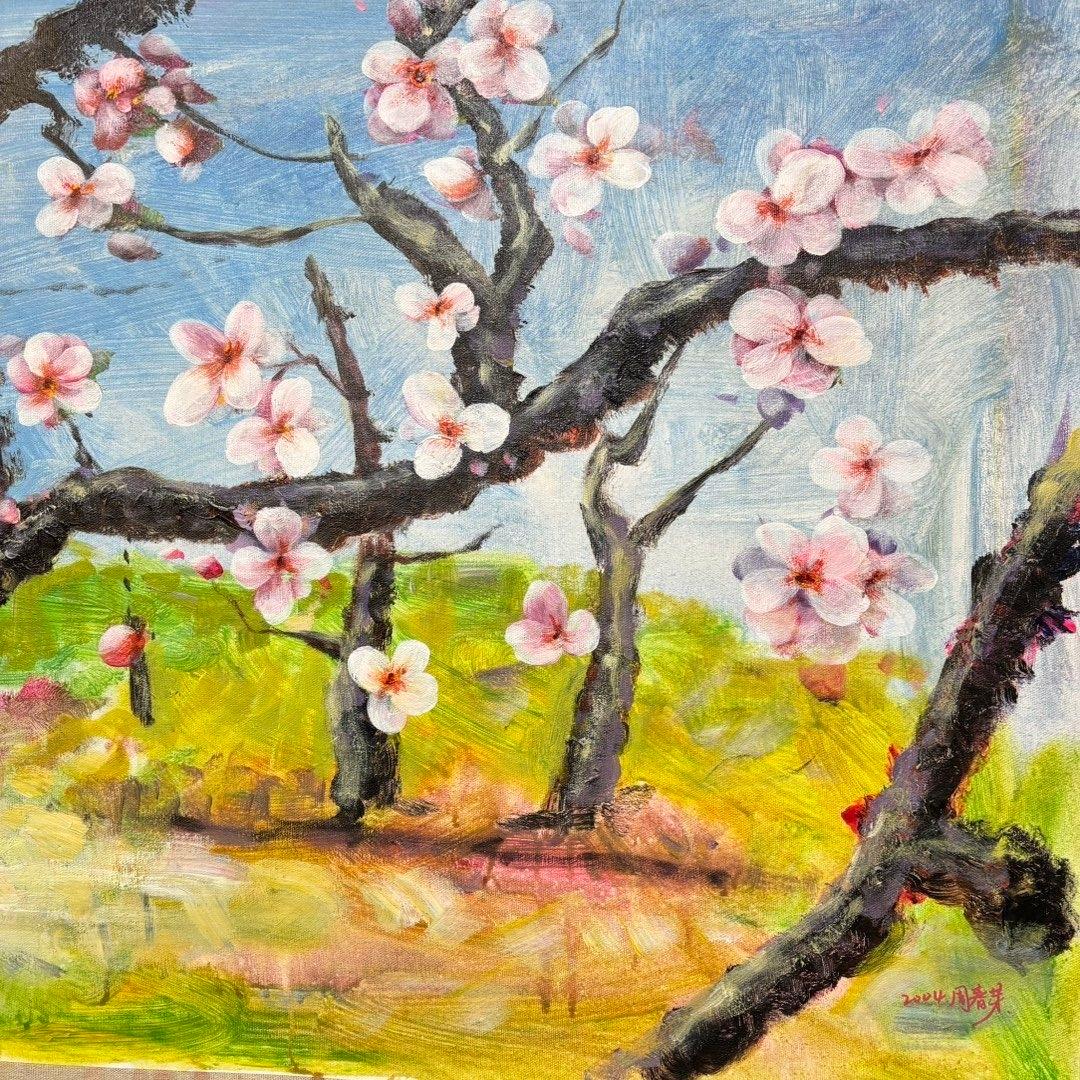 手描き 水彩油画 花木図 周春芽 作品図 中国絵画 約70×100cm 未表装