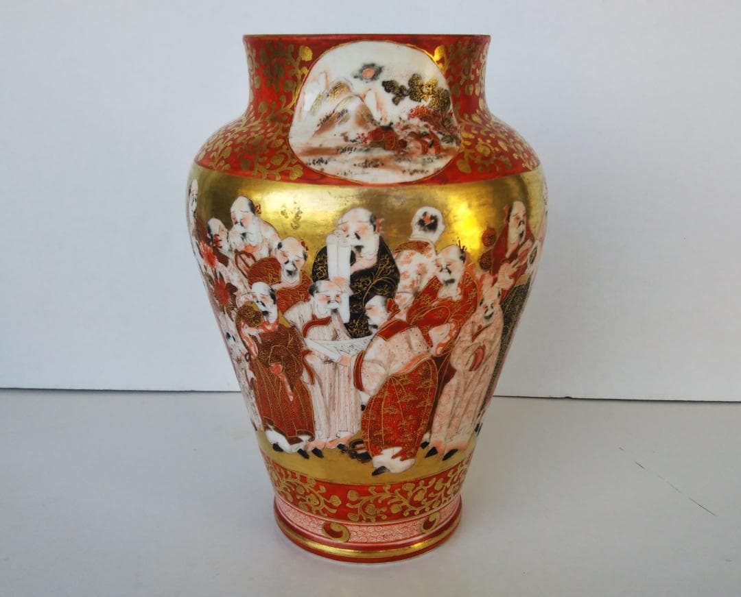 赤丸雪山 金襴手百老図花瓶 明治九谷