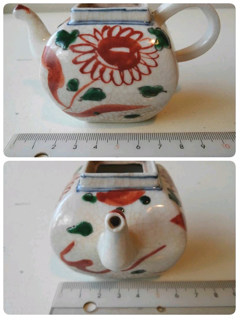 小阿弥　赤絵　角形　茶瓶　急須