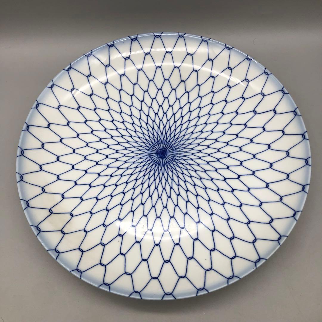 有田焼玄島窯お花絵付け皿20cm&藍色網目模様皿24cmセットビンテージ食器