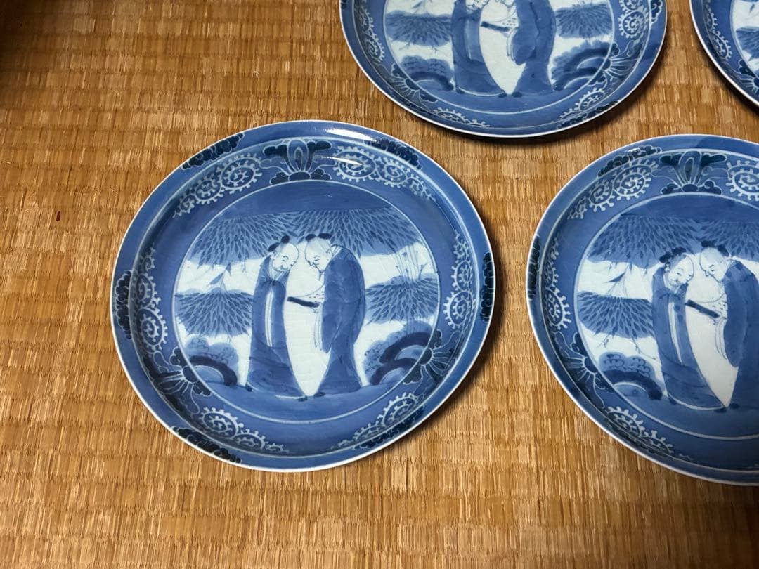 古伊万里 染付 竹林賢人図 富貴長春 五枚揃い 時代物