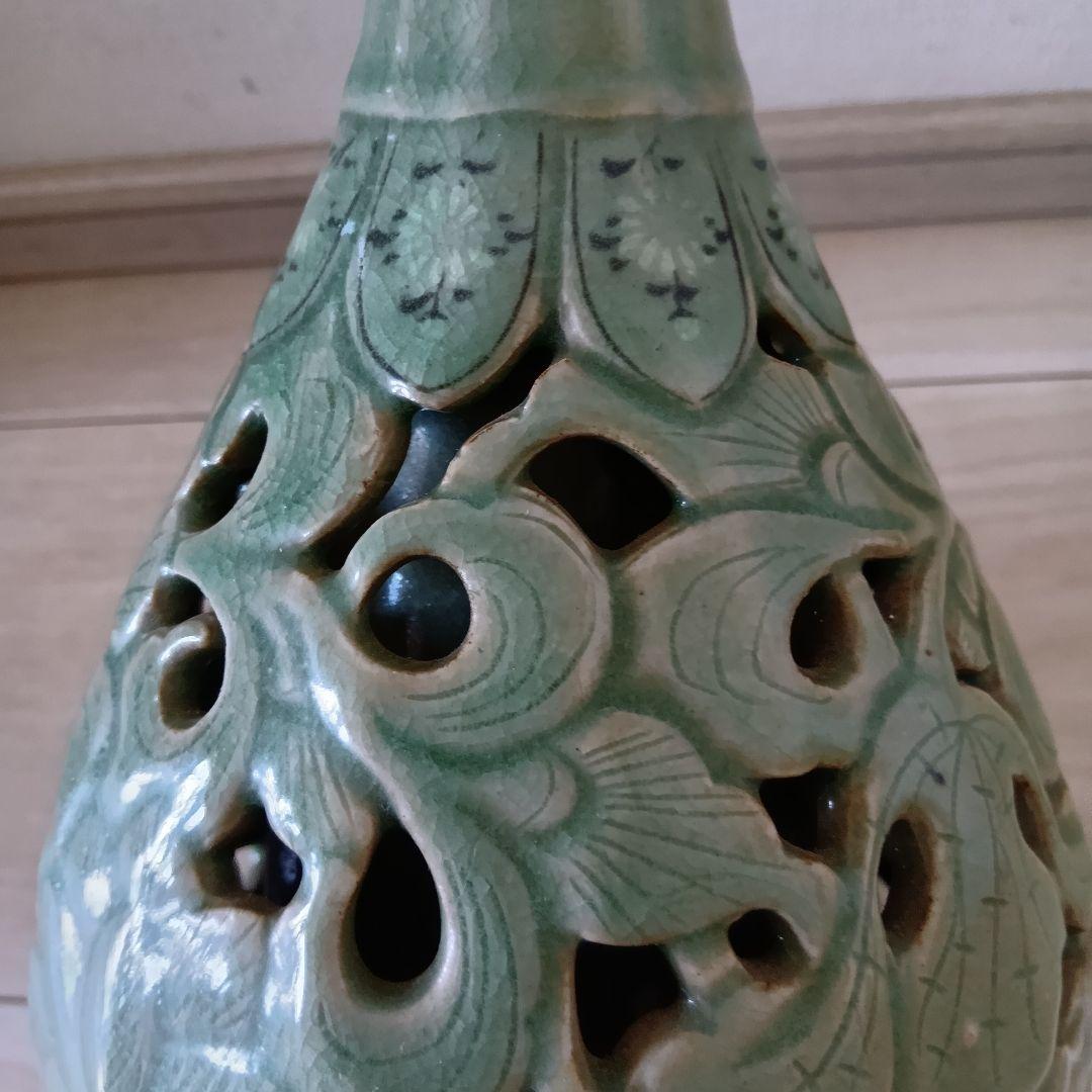 青磁透刻二重花瓶 東谷崔桂昊作☆花模様透かし彫り☆韓国工芸・陶芸☆緑色 陶器