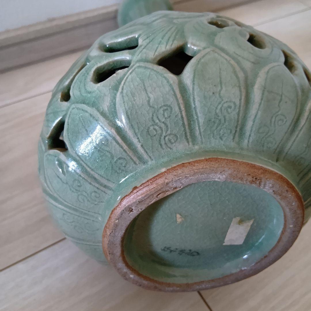 青磁透刻二重花瓶 東谷崔桂昊作☆花模様透かし彫り☆韓国工芸・陶芸☆緑色 陶器
