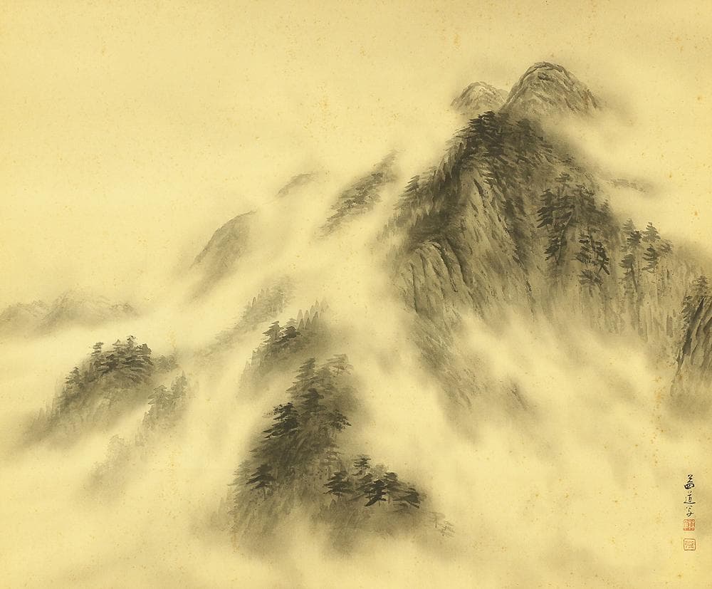 林益道 鳥取 籠山之図 掛軸 肉筆 絹本 共箱 風景