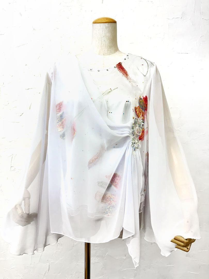 【優雅】新品　社交ダンス　ステージ衣装　白　袖フレアーカットソーｄ066