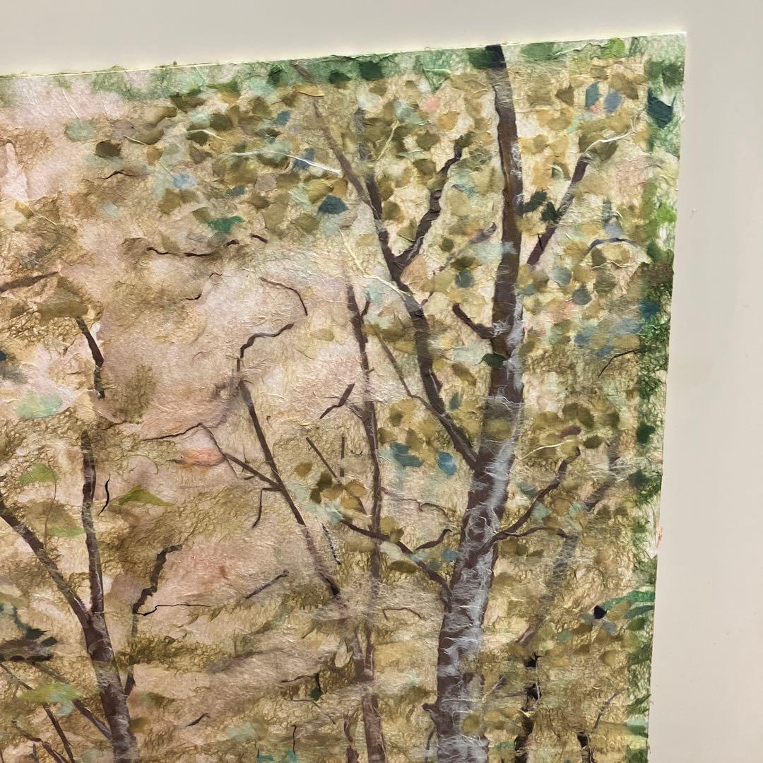和紙ちぎり絵 原画「白樺の森」風景画 手作り アート 作品 立掛け