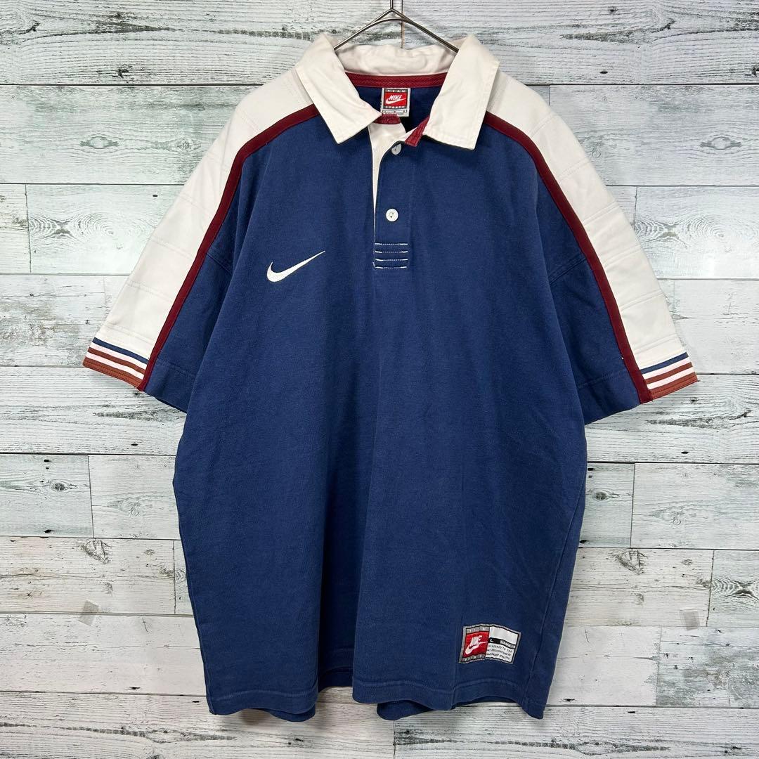 90s NIKE ナイキ スウォッシュロゴ刺繍 半袖ラガーシャツ Lサイズ