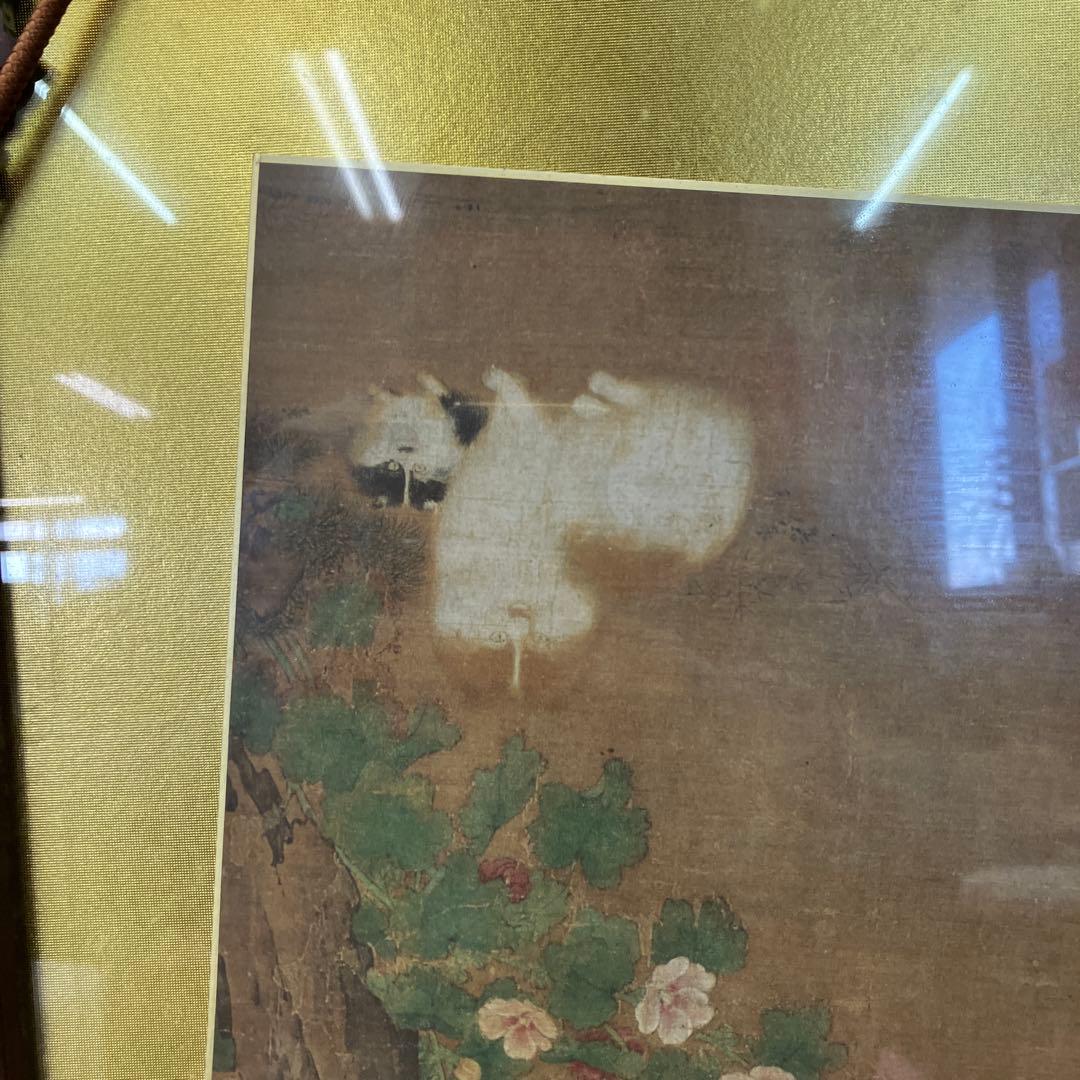 唐木 飾り額 浮き彫り彫刻 金背景 猫 花鳥図 煎茶道具 アンティーク 壁掛け