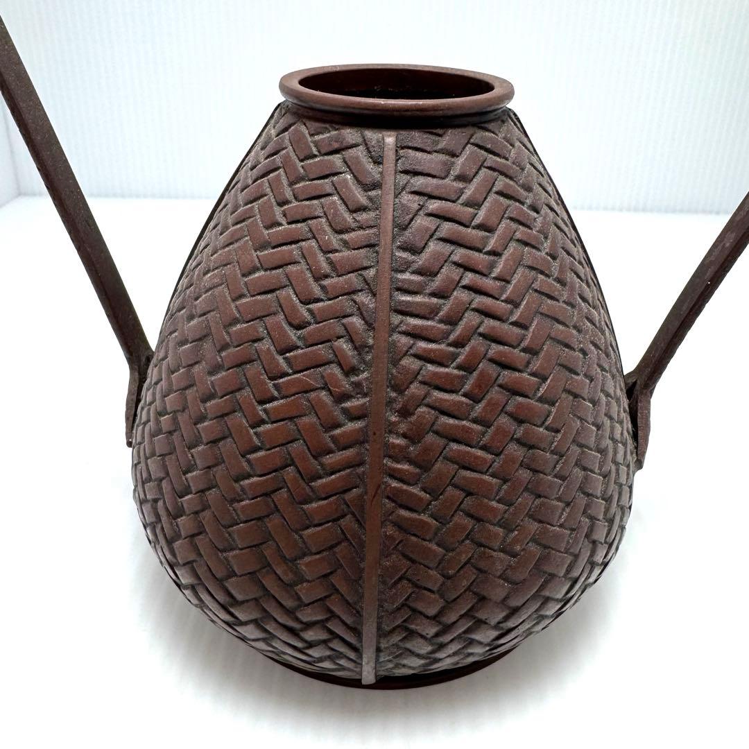 銅器 網代 手付花器 花入れ 花籠 花瓶 竹編籠 骨董品 伝統工芸