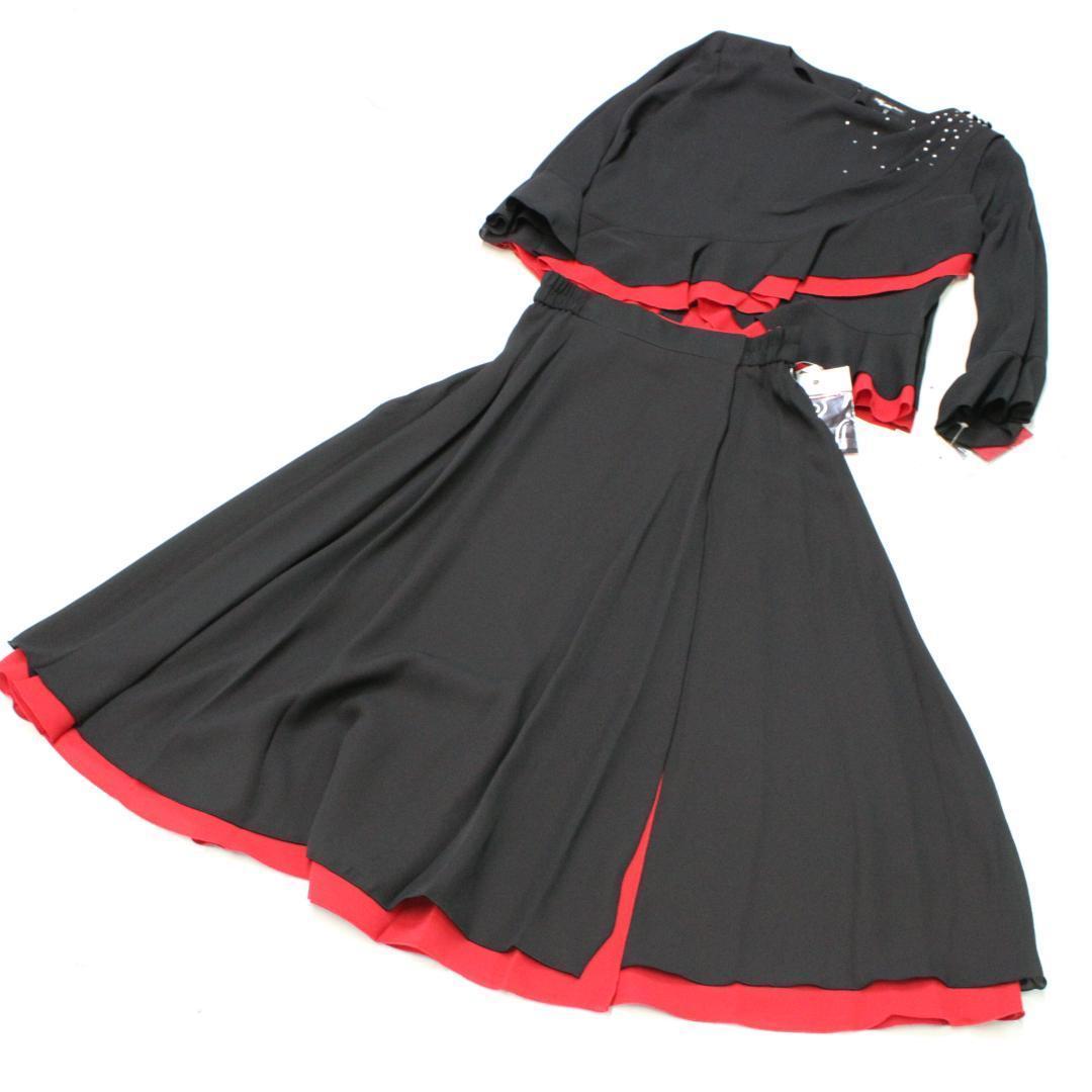 【新品 社交ダンス衣装】上下セット トップス スカート 黒 赤 elegance