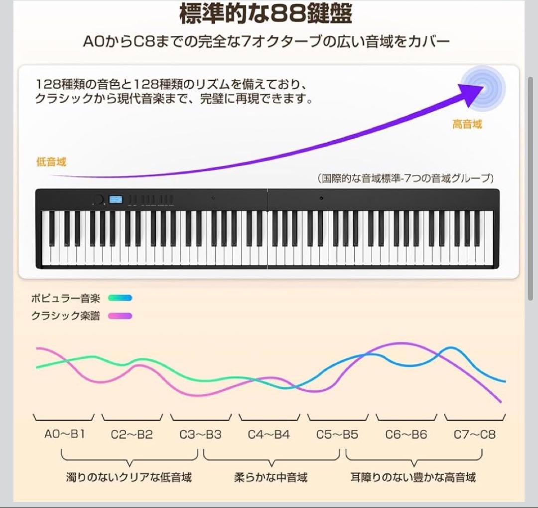 新品 電子ピアノ 88鍵盤 折りたたみ式 MIDI対応 128種音色 ブラック