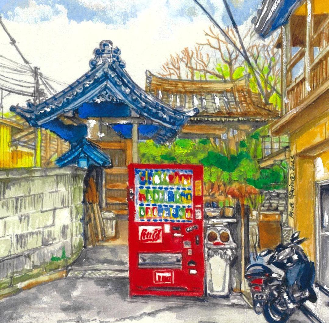 水彩画 自動販売機と日本の街並み