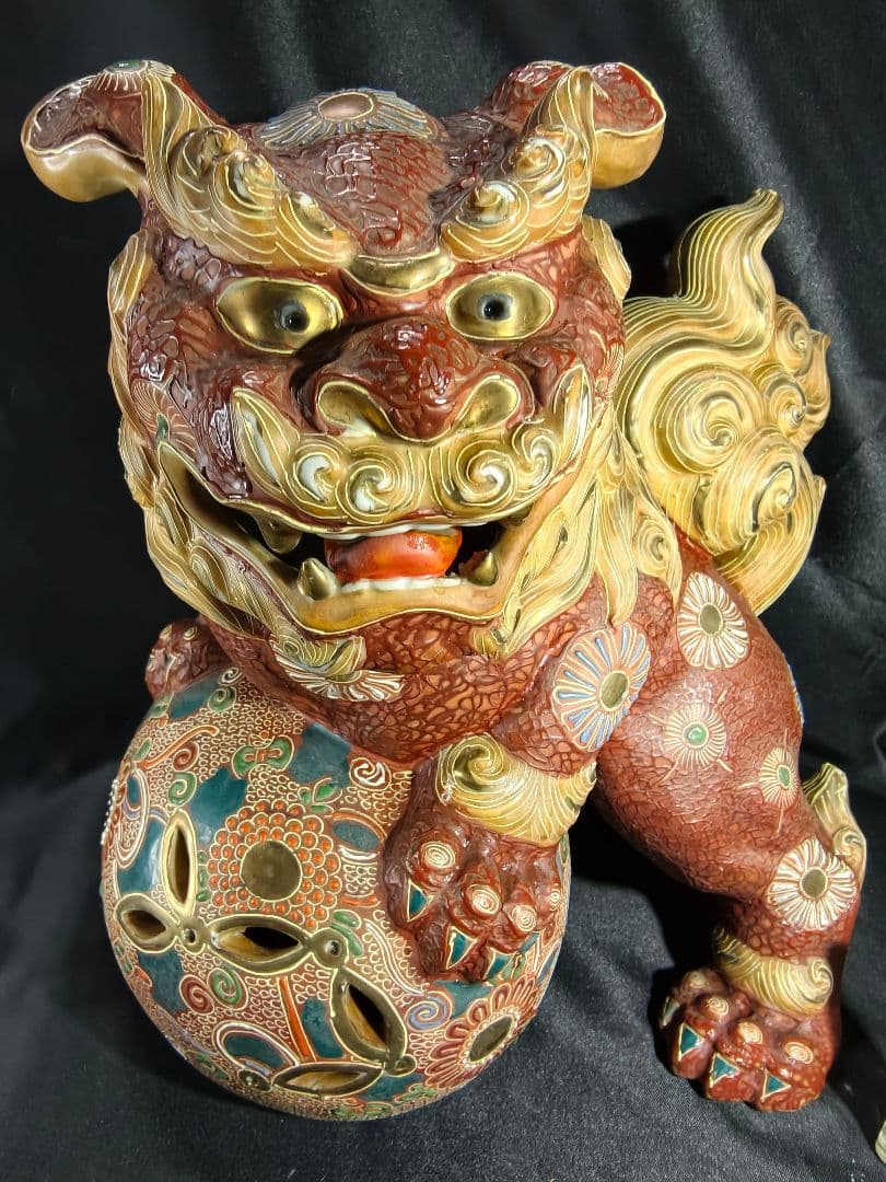 九谷焼 唐獅子 置物 魔除け 狛犬 玉獅子 縁起物 特大　在銘 骨董