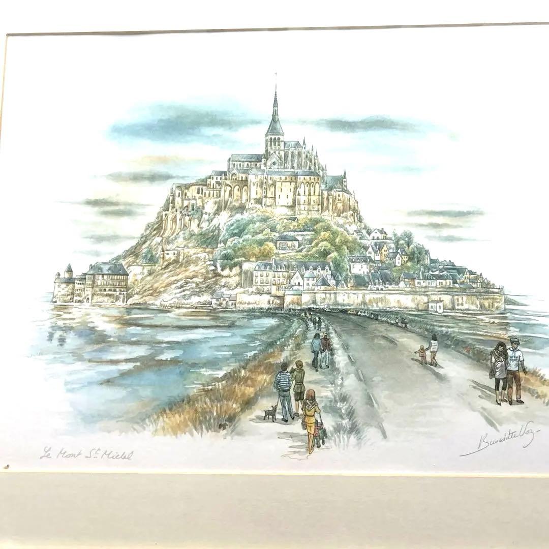 モンサンミシェル　 水彩画作家　B. Stelling 金色フレーム