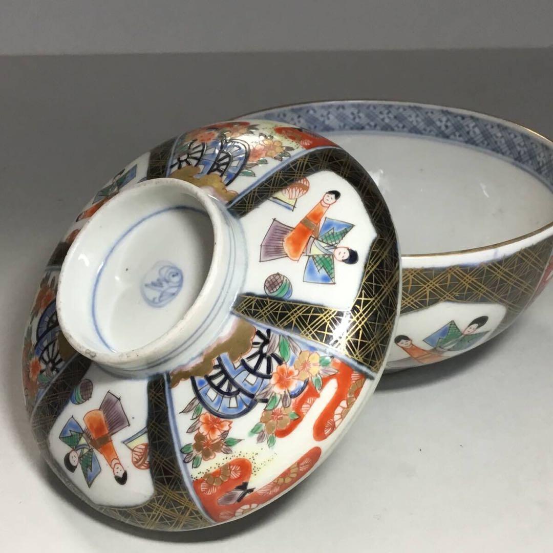 古伊万里◆雛人形文 / 蓋茶碗１客◆明治 染錦 立ち雛 雛道具 和食器