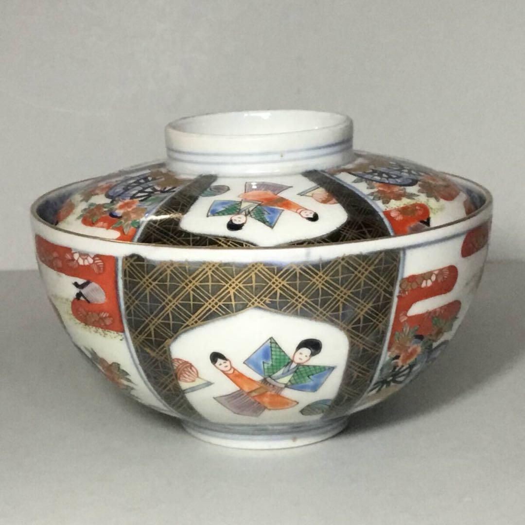 古伊万里◆雛人形文 / 蓋茶碗１客◆明治 染錦 立ち雛 雛道具 和食器