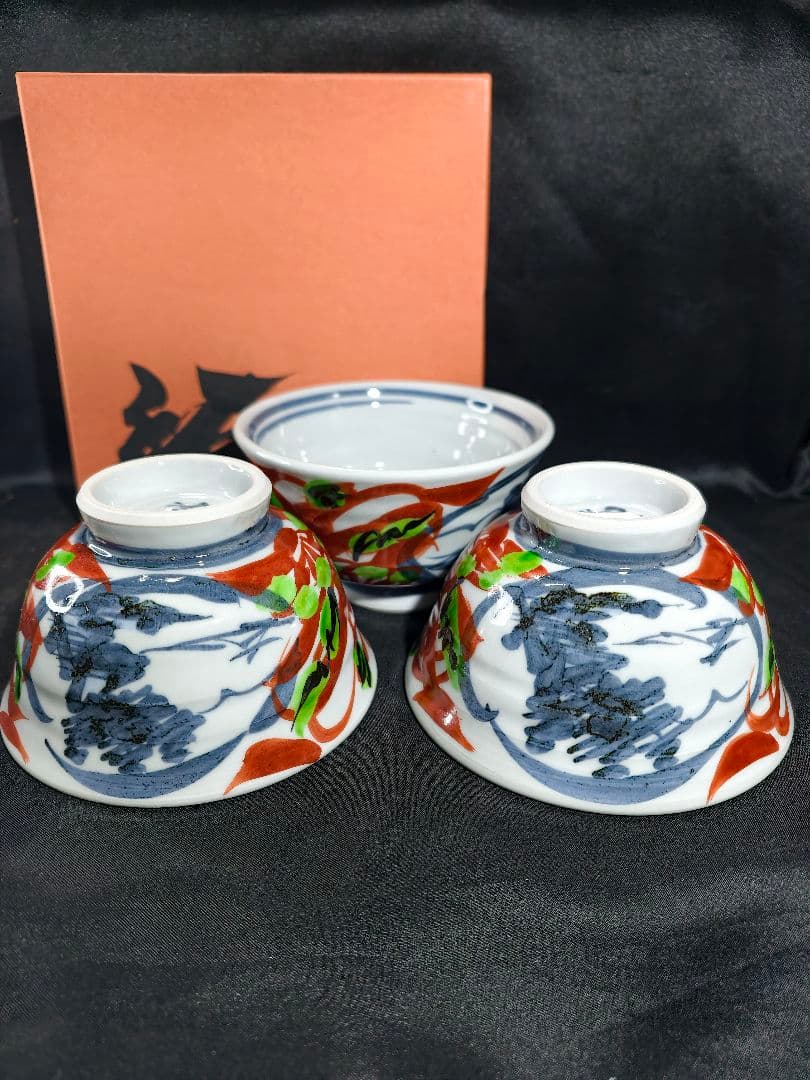 陶芸家梅田純一作品 赤絵手描き 茶碗3客揃い 共箱 蒐集家放出美品 未使用蔵出