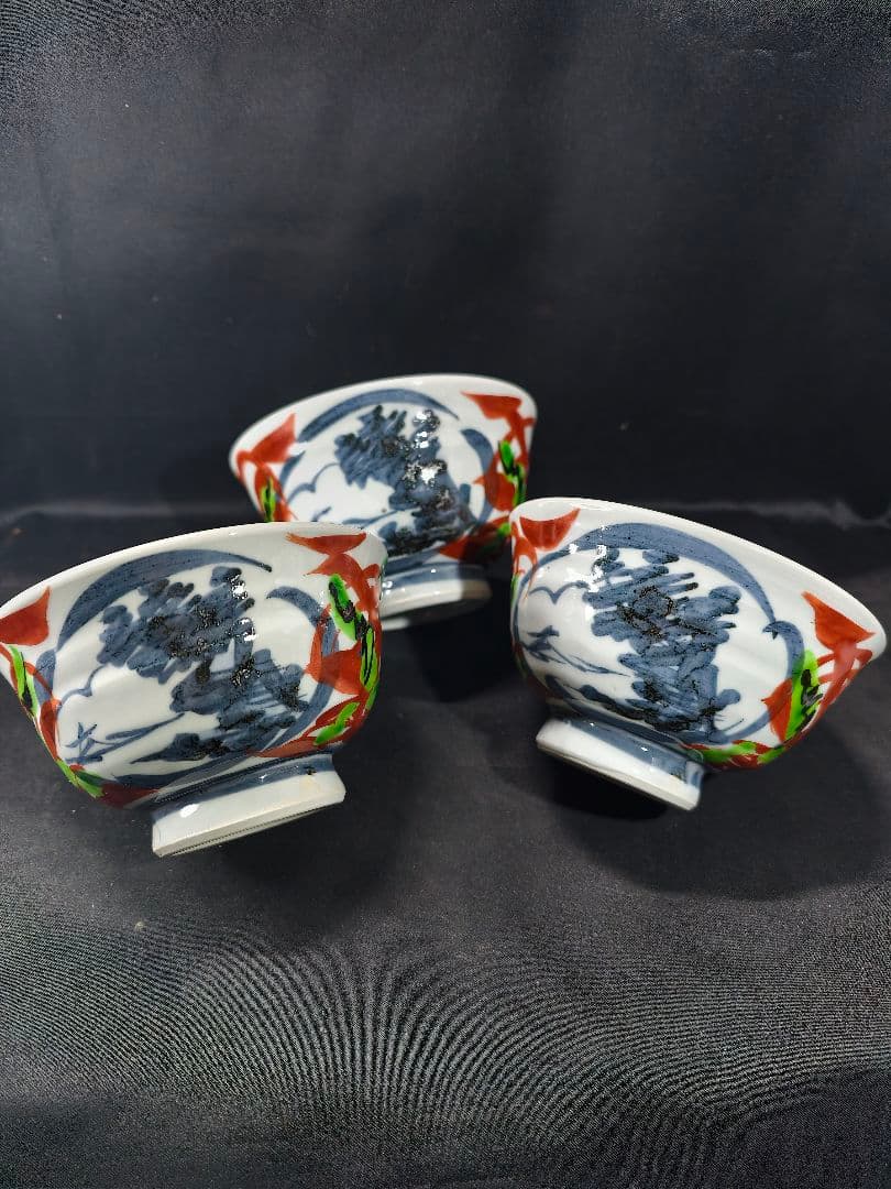 陶芸家梅田純一作品 赤絵手描き 茶碗3客揃い 共箱 蒐集家放出美品 未使用蔵出