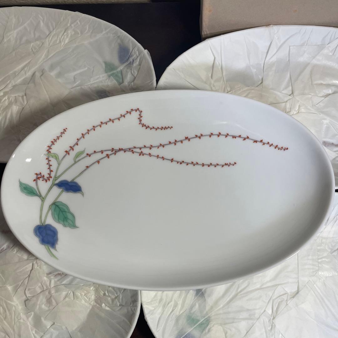 深川製磁　水引草　楕円多用皿揃　24×15cm 5枚　箱入り