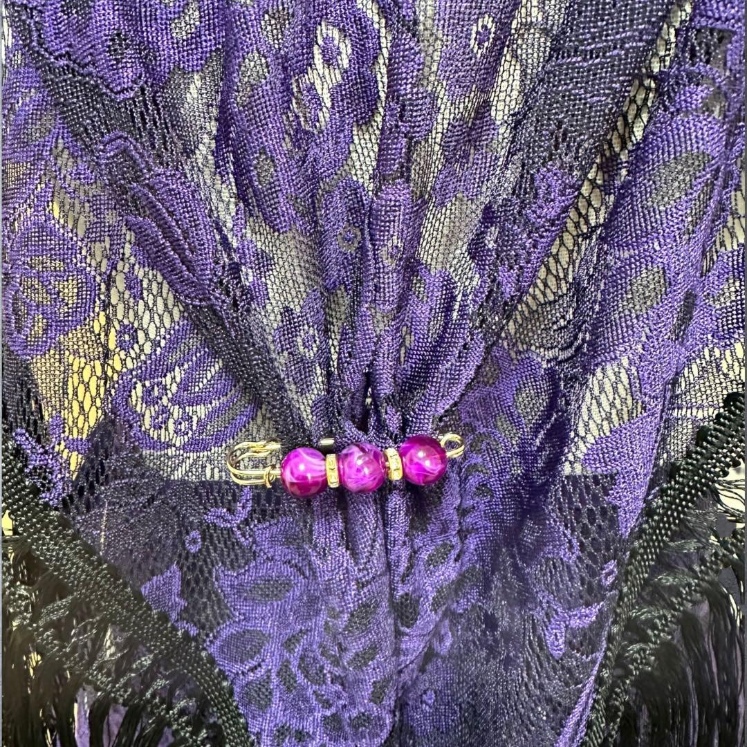 フラメンコ　巻きスカート　シージョ　ブローチset 紫色刺繍レース