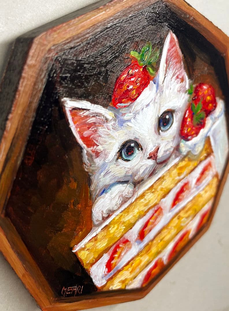 『いちごショートケーキにゃんこ』 原画 八角形パネル ミニ絵画　油絵　猫