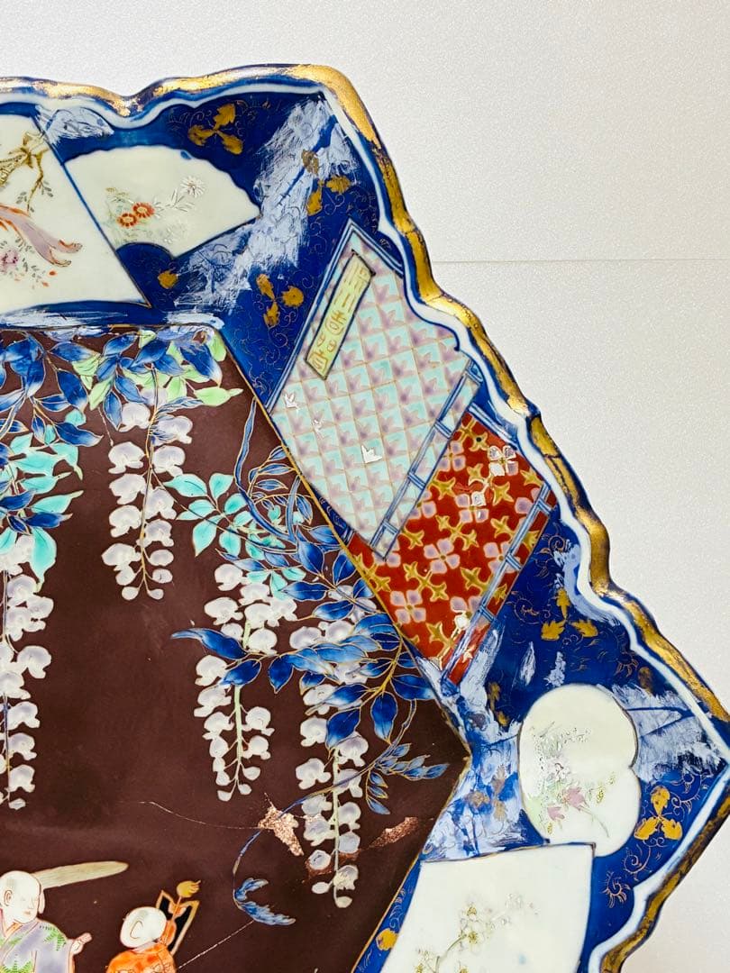 お値下げ❌ 明治 初期 香蘭社 色絵褐地藤絵人物文 ブラックホーソン六角大皿