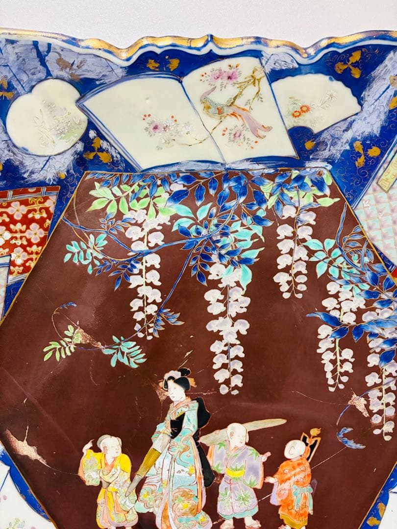 お値下げ❌ 明治 初期 香蘭社 色絵褐地藤絵人物文 ブラックホーソン六角大皿